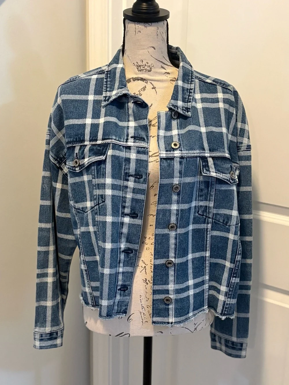 Lior Paris Plaid Denim Jacket Large Frayed Hem Button Front Shacket Blue